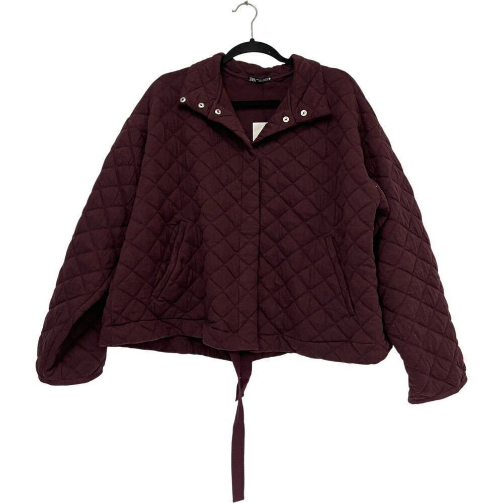 Zara Womens Quilted Jacket M L Burgundy Long Sleeve Drawstring Hem 4770/550 NWT